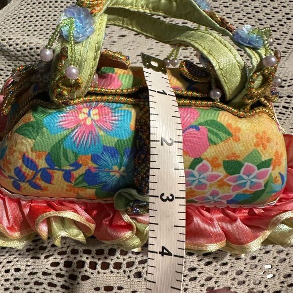 Mary Frances Floral Beaded Ruffled Small Handbag Pink Yellow - Picture 10 of 12